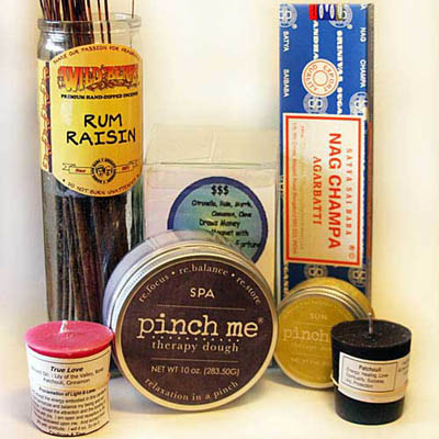 Aromatherapy products including incense, candles, and therapy dough