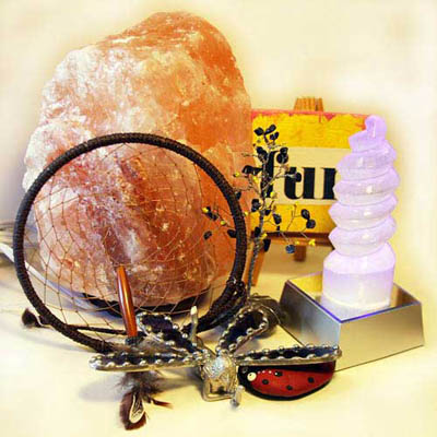Home décor items including selenite and Himalayan salt lamps