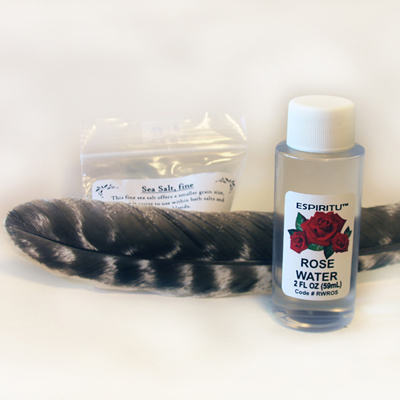 Rose water, dead sea salt, and turkey feather